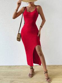 Breezaya 女士纯色开衩设计优雅收腰派对针织吊带裙 - 紅色 - 查看 5