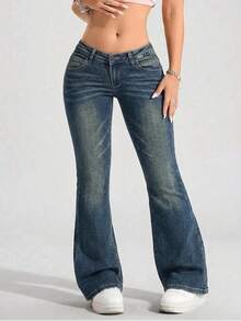 SHEIN ICON 女士口袋纽扣休闲百搭日常喇叭牛仔裤 - 深色水洗藍 - 查看 1