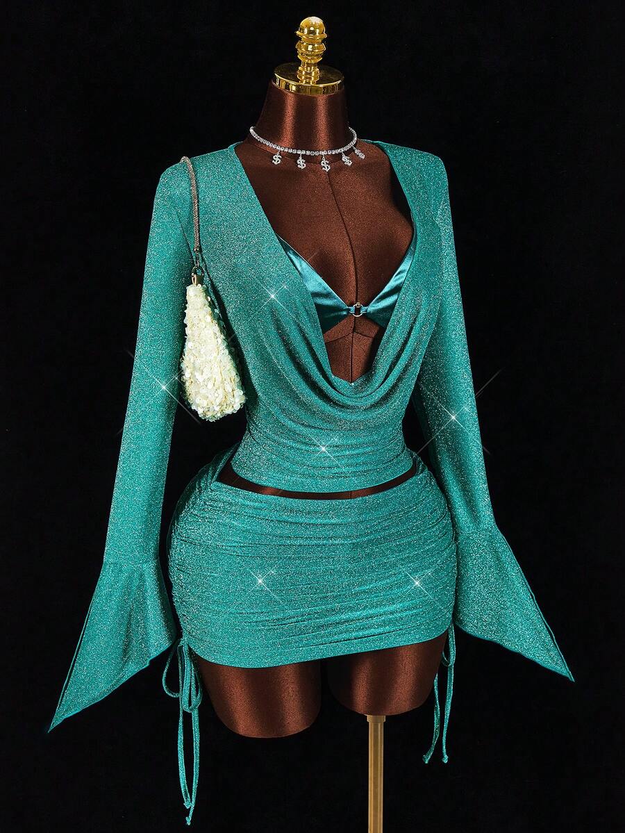 Amplova Women's Sexy 2 Pieces Set, Suitable For Party, Long Sleeve Top With Bra Cup And Mini Skirt, Autumn/Winter - Blue - View 1