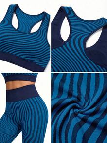 Innovista 女士条纹露脐背心和紧身裤运动套装，适合健身、运动、性感锻炼，女士运动套装，女士运动服套装，运动上衣，女士运动套装，运动紧身裤，运动披肩 - 淺藍色 - 查看 10