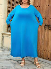 SHEIN CURVE+ Curve 尺码 US22 音乐节、海滨度假、波西米亚风黑色长袖宽松 A 字中长连衣裙，时尚秋冬连衣裙 - 寶藍色 - 查看 6