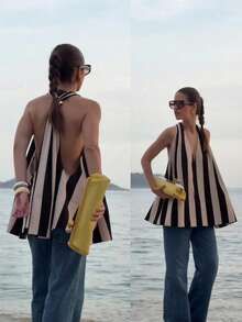 Firerie 女士优雅通勤OL音乐节海滩度假嘉年华条纹露背上衣，V领条纹吊带背心，百搭夏季单品。女士假日装，黑白斜条纹，母亲节礼物，春夏必备，海滩休闲，外出上衣 - 黑與白 - 查看 2