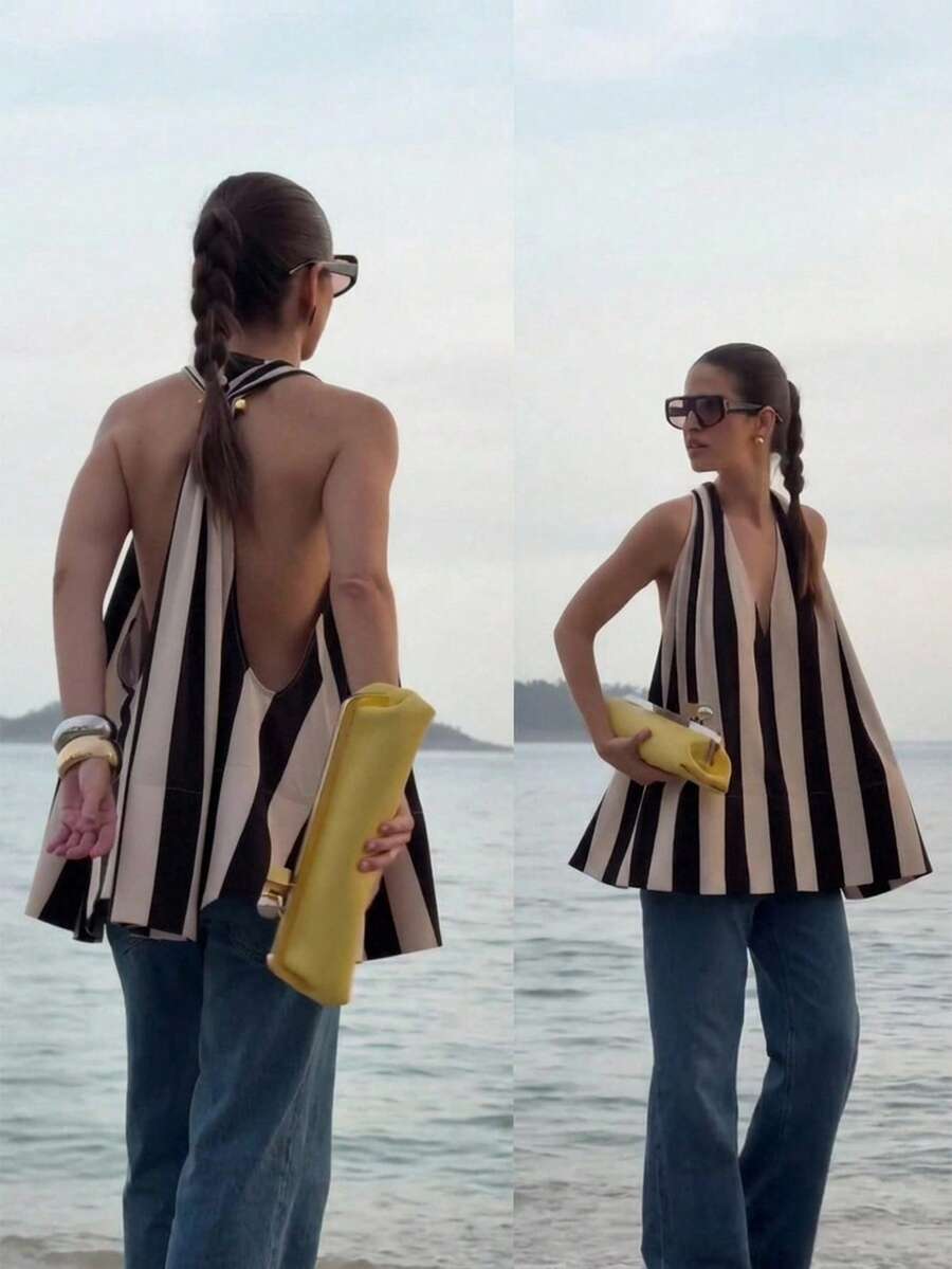 Firerie 女士优雅通勤OL音乐节海滩度假嘉年华条纹露背上衣，V领条纹吊带背心，百搭夏季单品。女士假日装，黑白斜条纹，母亲节礼物，春夏必备，海滩休闲，外出上衣
