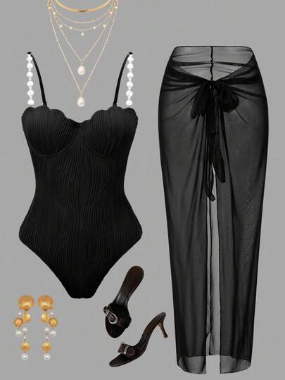 Swim Oasis 2026春夏女士优雅浪漫贝壳杯型泳衣，配珍珠链条肩带、波西米亚波浪纹理聚拢钢圈模杯和环绕式网纱裙，适合海滩度假