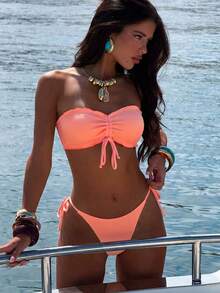 SHEIN Swim 夏季海滩系带前抹胸丁字裤比基尼两件套比基尼女士比基尼套装抹胸比基尼 - 珊瑚粉 - 查看 1