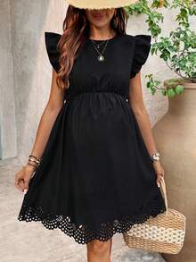 SHEIN Maternity Casual Solid Color Hollow Hem Dress - Black - View 1