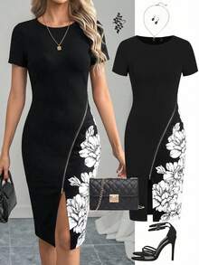 Ellevyn Vestido de longitud media con estampado floral elegante para uso diario de mujer - Negro - Ver 1