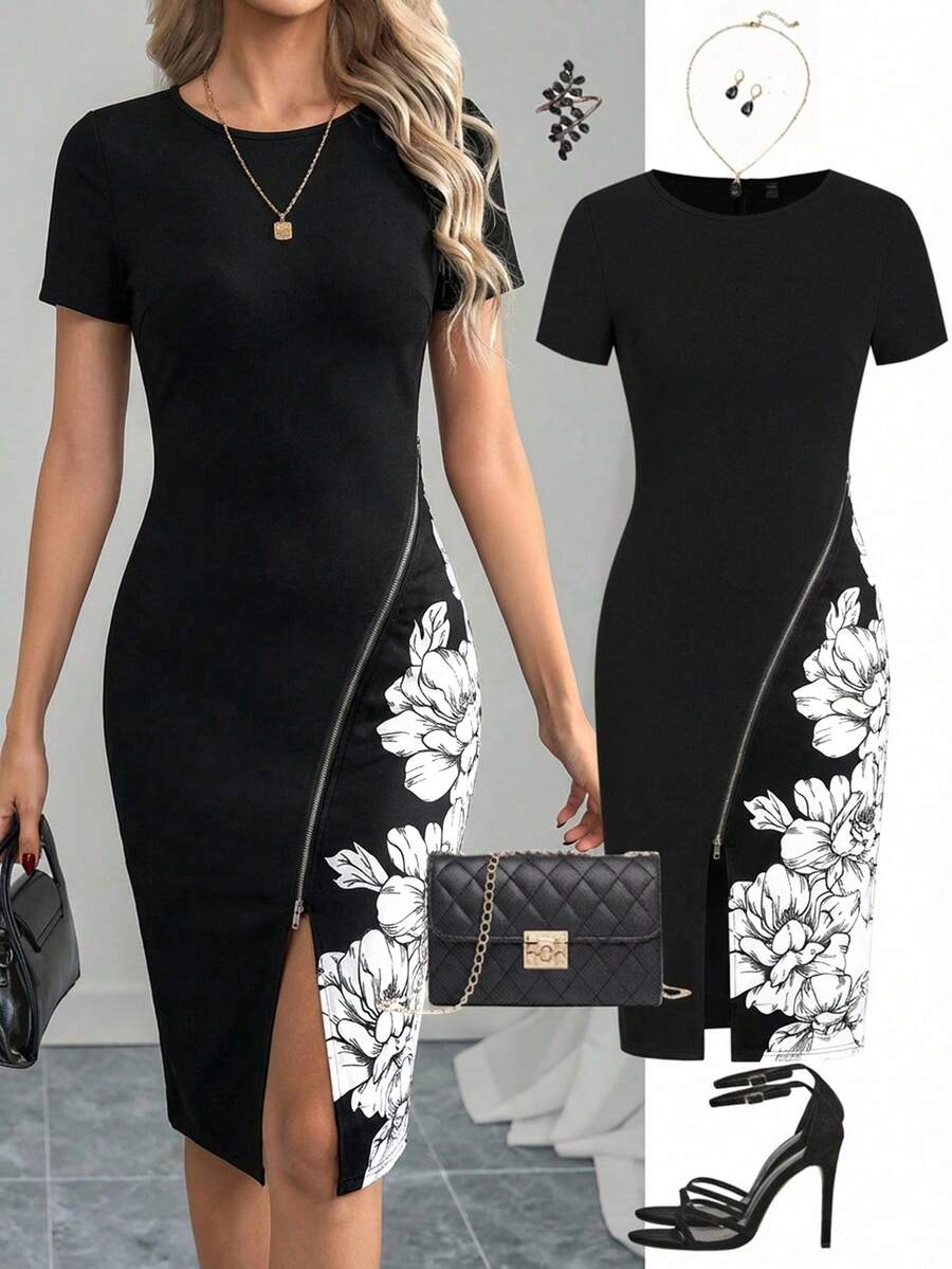 Ellevyn Vestido de longitud media con estampado floral elegante para uso diario de mujer - Negro - Ver 1