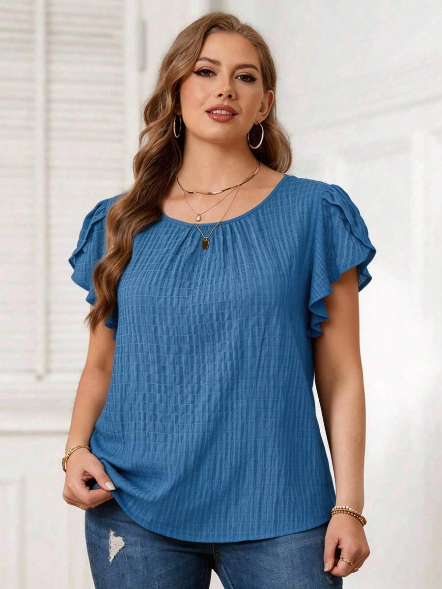 Rosumi Blusa de manga con pétalos con estampado floral azul para mujer de tallas grandes para principios de primavera - Neblina azul - Ver 1