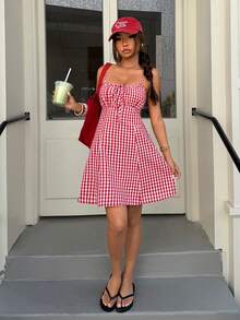 SHEIN Muchic Women's Plaid Print Casual Vacation Sundress, Color-Blocked Striped High-Waisted A-Line Maxi Skirt, Red Sundress, Pink Plaid Dress, French Retro Slimming Square Neck Sundress, Elegant Summer Vacation Dress, Women's Elegant Dress, Holiday Dress, Summer Vacation Outfit.,Summer Dresses For Women - Multicolor - View 3