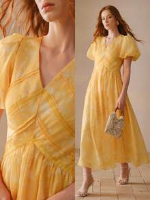 MOTF PREMIUM 女士印花泡泡袖撞色蕾丝连衣裙 - 黃色 - 查看 7