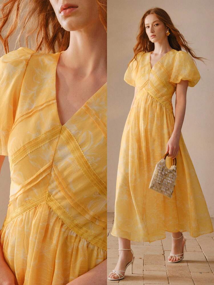 WOMEN'S FLORAL PRINT PUFF SLEEVE CONTRAST LACE DRESS