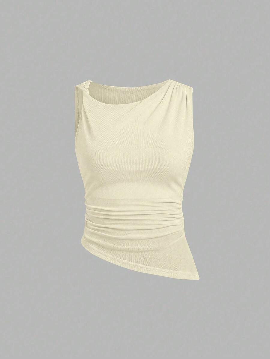 Sweetra Women's Shiny Knit Asymmetric Fitted Sleeveless Top, Versatile For Daily Wear And Commuting, Spring/Summer - Yellow - View 1
