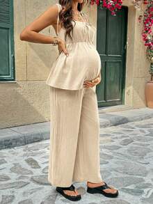 SHEIN Bộ đồ bầu nghỉ dưỡng 2 món gồm áo hai dây buộc eo và quần có thể điều chỉnh eo. - Màu be - Xem 2