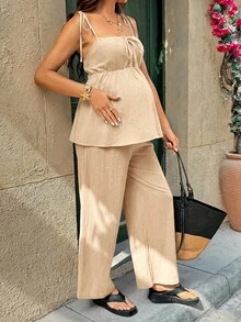 SHEIN 孕妇休闲纯色吊带背心和裤子两件套 - 卡其色 - 查看 7