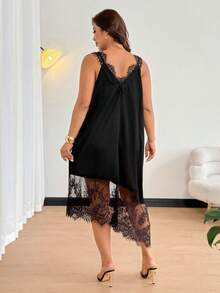 Easura Đầm nữ cỡ lớn gợi cảm cổ chữ V sâu, viền ren, chất liệu satin mềm mại, dáng suông thoải mái, đa năng mặc hàng ngày. - màu đen - Xem 2