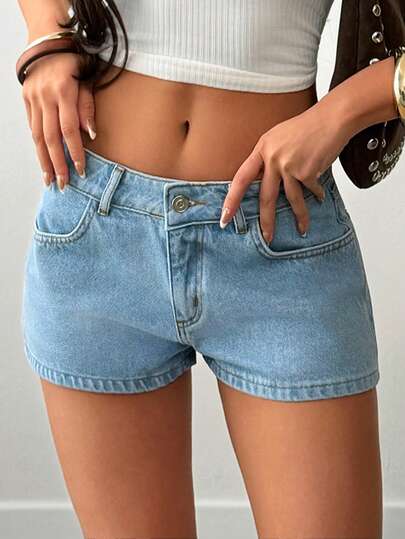 SHEIN Women Low Waist Casual Relaxed Denim Mini Short With Washing Detail