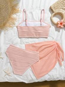 SHEIN 女童粉色贝壳海星无肩带分体泳衣网纱罩裙三件套夏季新款亲肤速干泳衣波浪纹理贝壳装饰高腰设计沙滩度假泳池时尚套装温柔甜美风格必备少女沙滩装泳衣三件套可爱泳衣夏季套装少女泳衣可爱泳衣少女夏季度假套装可爱夏季套装 - 粉色 - 查看 2