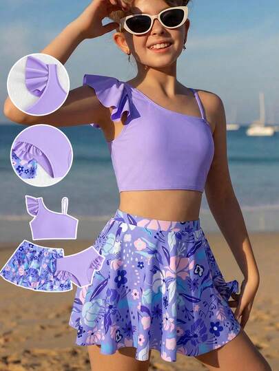 SHEIN Conjunto de 3 piezas de bikini para niñas preadolescentes, color lila sólido con estampado floral fresco, diseño con volantes asimétricos, tela de punto, elegante, casual, adecuado para nadar, vacaciones de verano, playa, piscina, fiesta, vacaciones