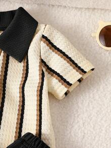 SHEIN Playful Pals Baby Boy Black And White Checkered Summer Casual City Break Khaki Textured Striped V-Neck Lapel Clothes,Kids Casual Daily Wear Spring Summer Outfit - Black - View 6