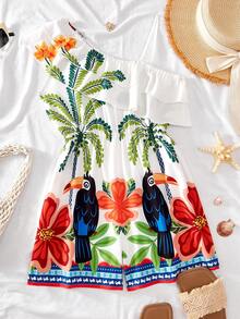 Tween Girl Floral & Bird Print Ruffle Off-Shoulder Casual Everyday Vacation Romper - Multicolor - View 2