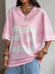 Coolane Women's Summer Streetwear Going Out Athleisure Casual Graphics Breathable Mesh Loose Jersey T-Shirt - Pink - View 5