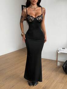 Coolane Women's Spring/Summer Streetwear Going Out Y2K Vacation Outfits Lace Comfortable Maxi Black Dress - Black - View 1