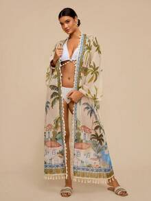 Travachic 热带度假风复古椰树小镇印花罩衫，长款花卉流苏下摆轻盈和服式罩衫，宽松显瘦沙滩罩衫，女士夏季 - 綠色 - 查看 3