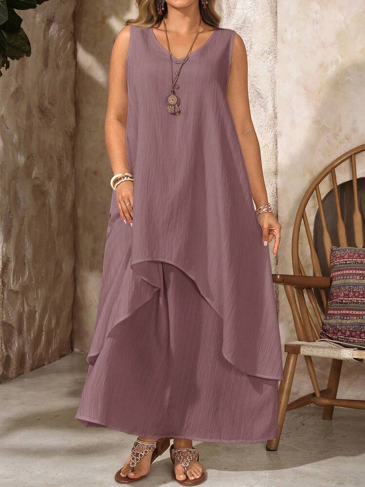 Plus Size Women's Summer Casual Vacation Country Solid Color  V-Neck Sleeveless 2 In 1 White LongDress,Summer\Vacation,Summer Holiday,Spring Break Outfits ,Vacation Outfits Women ,Holiday Outfits For Women,Going Out Outfits,2026 New Clothes,Simple And Fashionable For Everyday Wear,Suitable For Summer, Vacation, Daily Wear,Suitable For Summer, Vacation, Daily Wear,Dresses For Women,Flowy Dress ,Beach Outfits For Women,Casual Vacation Boho Dress