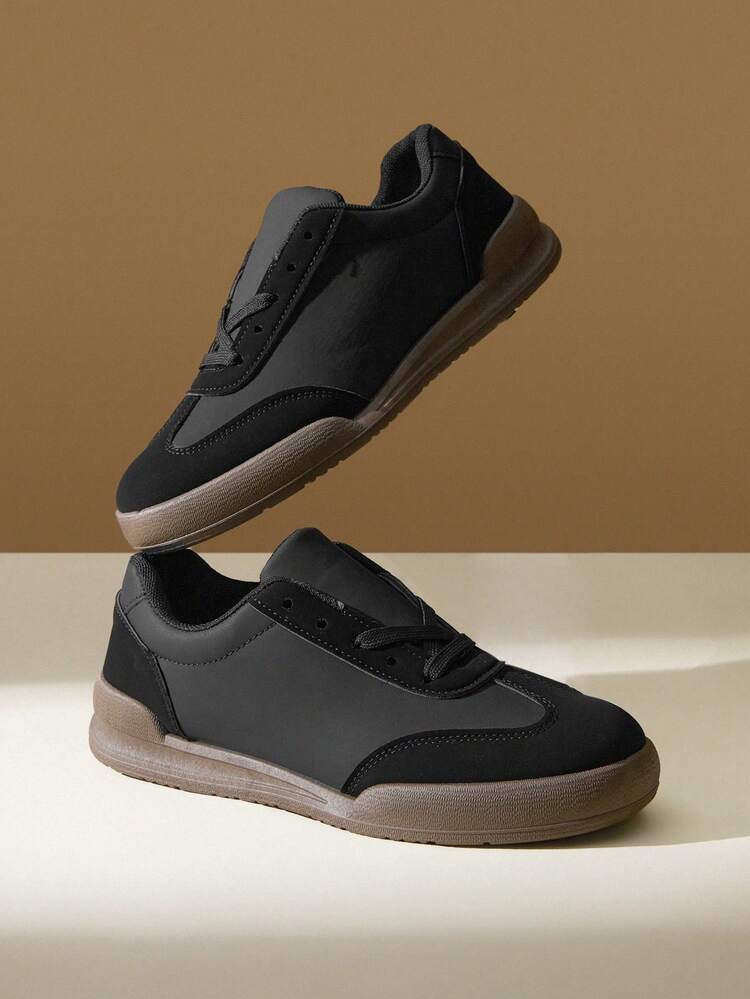 CUCCOO EASI Women Shoes Lace-Up Splicing Round Toe Flat Bottom Casual Sneakers Comfortable Casual PU Leather Black Casual Sneakers Daily Outdoor Casual Sports