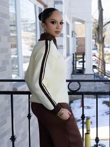 Melissa Matos Women's Autumn/Winter Thermal-Lined Contrast Color Ribbon Embroidered Loose Polo Neck Sweatshirt For Going Out Outfits, Streetwear, Y2K Clothes - Yellow - View 5