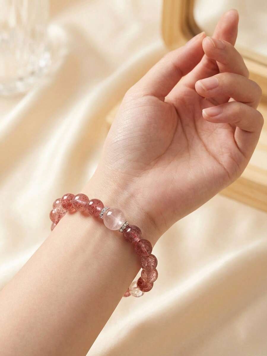 Cirelle Natural Strawberry Crystal Bracelet Set - Pink & White Crystal For Love & Luck, Crystal Healing Jewelry For Daily Wear & Gift - Multicolor - View 1
