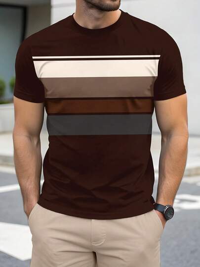 Manfinity Homme Men's Casual Colorblock Striped Short Sleeve T-Shirt, Summer