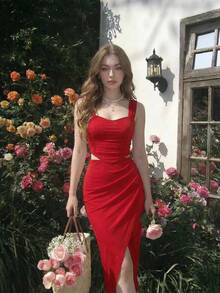 SHEIN MOD 红色褶皱开衩半身裙，两件套 - 紅色 - 查看 4