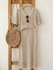 Breezaya New Summer Holiday Outfits Women's Beige Openwork Knit Two Pieces Set - V-Neck Button-Up Cardigan & Midi Skirt, Coastal Feminine Charm & Retro Casual Style - Khaki - View 5