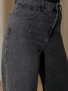 Bris Aura Chaebol Heavy Industry 女款黑色水钻装饰直筒牛仔裤 - 黑色 - 查看 6