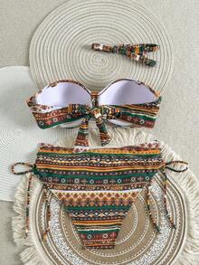 Swim Lushoire Conjunto de bikini de 2 piezas con parte superior con tirantes de espagueti y espalda descubierta con efecto push-up y Bottom triangular con cordón lateral, estampado aleatorio, para primavera/verano - Multicolor - Ver 5