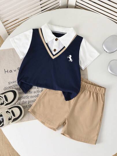 SHEIN Playful Pals 2pcs/Set Young Boy Outfit, Kids Knit Comfortable Polo Shirt With 2 In 1 Design, Stylish Small Pattern Accent, Paired With Khaki Casual Shorts With Elastic Waist, Loose Fit, Suitable For Autumn Occasions Like Vacation, Daily Wear, Etc.