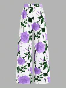 SHEIN Elenzya Quần dài cạp cao cỡ lớn in họa tiết hoa, kiểu dáng tối giản, thích hợp mặc hàng ngày, dịp Lễ Tình nhân. - Nhiều màu - Xem 2