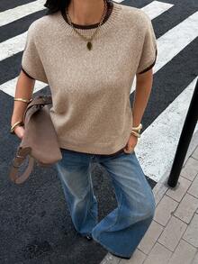 Siren Gaze 女士撞色圆领短袖休闲宽松针织上衣 - 卡其色 - 查看 4