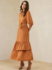 BELROSIE Elegant Casual V-Neck Puff Sleeve Belted Layered Ruffle Hem Dress For Women - Brown - View 5