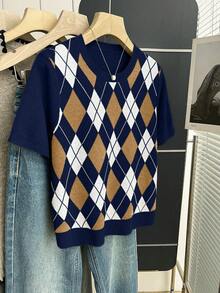 Franclia New Arrival Spring/Summer Retro College Style Colorblock Plaid Knit Pullover Sweater For Women - Navy Blue - View 8