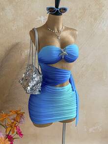 Soleia 女士渐变金属海星装饰镂空性感抹胸迷你连衣裙 - 彩色 - 查看 6