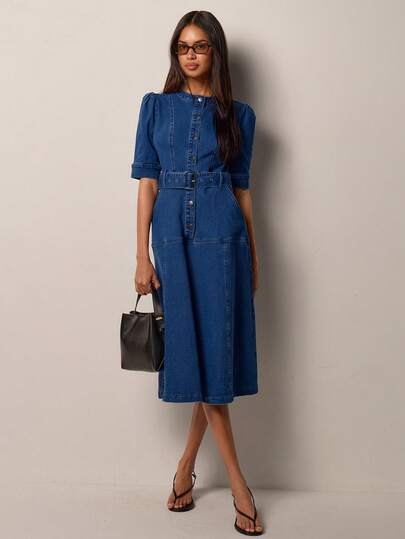 COSMINA Women's Spring/Summer Lightweight Blue Denim V-Neck Button-Front Mid-Length Waist-Cinched Straight Denim Dress