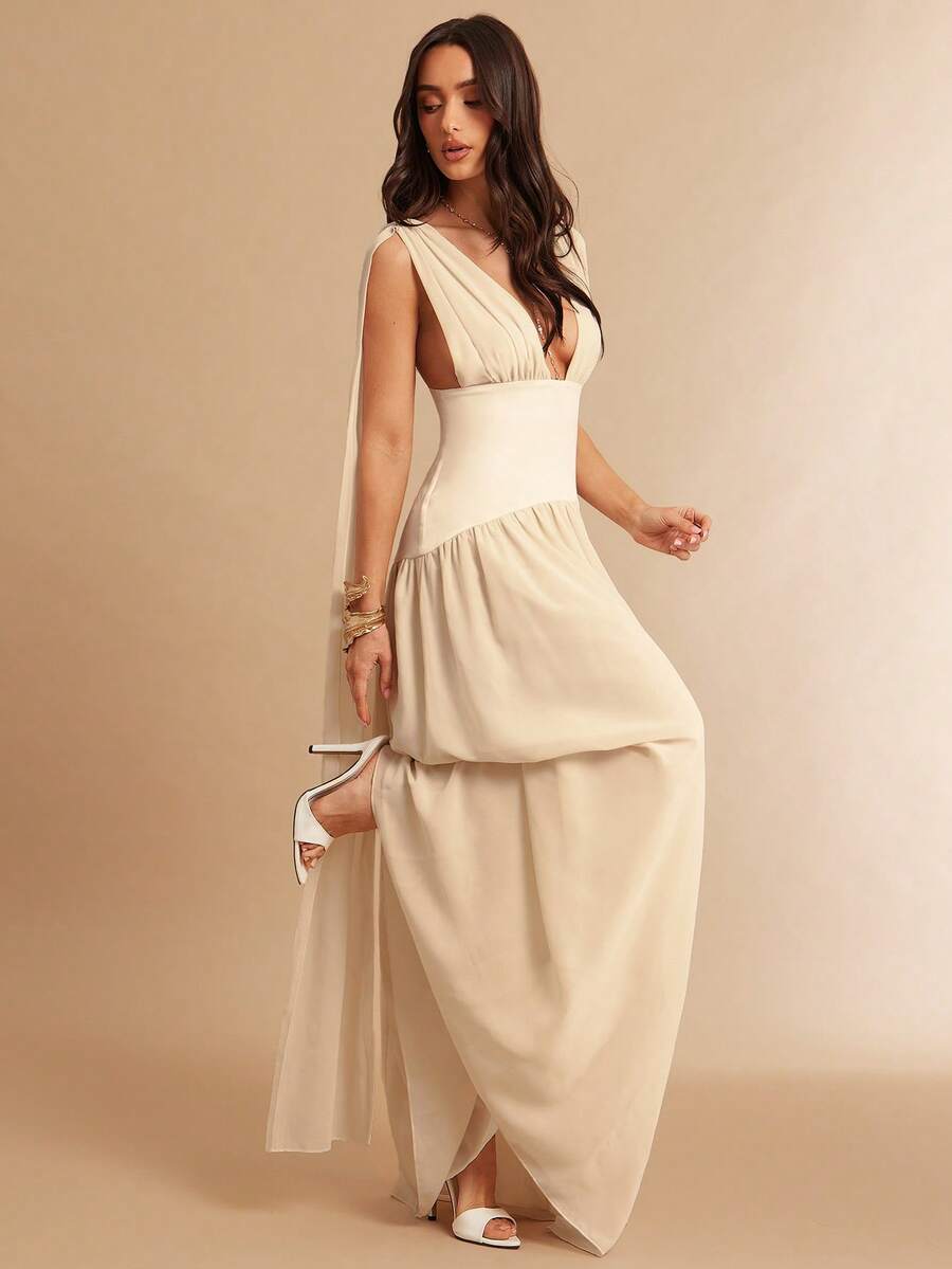 Silquee 杏色和白色深V领褶皱A字露背连衣裙，优雅的伴娘礼服，适合婚礼、海滩度假、约会、派对、鸡尾酒会、浪漫场合。 - 杏色 - 查看 1