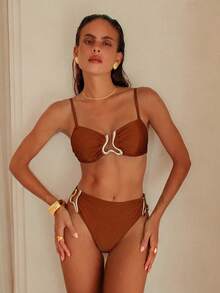 Swim Chiccia Bộ bikini quây ngực gợi cảm bằng vải ánh kim dành cho nữ, thích hợp cho kỳ nghỉ biển. - Rỉ Nâu - Xem 4