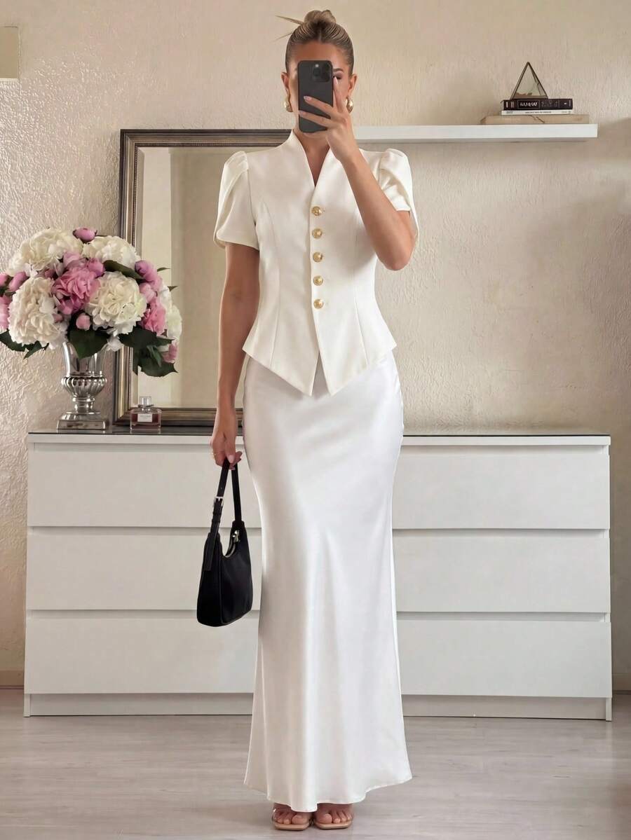 Lumalex 春夏荷叶边领泡泡袖收腰金属纽扣优雅奢华女士西装外套，适合春假、夏季假期、情人节、嘉年华、海滩婚礼宾客、奢华晚宴、伴娘、婚礼及活动、外出、优雅度假、奢华晚宴、老钱假日派对、锐舞节、郊游、度假、热门户外、层次丰富的婚礼季、宴会派对、生日派对等场合。