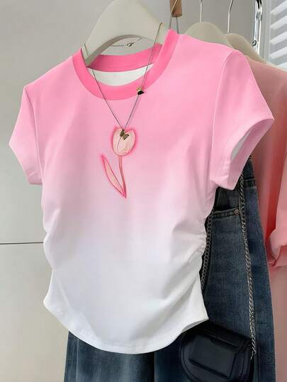 Resyla Hot-Selling New Style, Soft Pink And White Gradient Tulip Women's Short-Sleeved T-Shirt, Perfect For Going To School And Out Shopping With Best Friends, Sweet And Versatile For Spring And Summer
