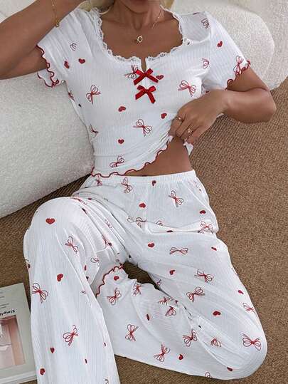 Dream Adore 女士蕾丝边方领睡衣套装，蝴蝶印花短袖上衣和裤子睡衣