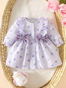新生女宝宝粉色圆领荷叶边卡通爱心印花长袖红色蝴蝶结连衣裙，优雅可爱，适合所有季节穿着 - 紫色 - 查看 2